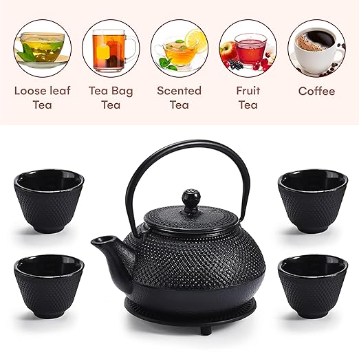 Kitchtic Japanese Coated Cast Iron Teapot Set of 4 - Kettle with Stainless Steel Infuser - Durable Heat Retention Tea Infusers - Japanese Style Kettles Teapots Tea for Home - for Green Tea, Loose Leaf - Bloomnest