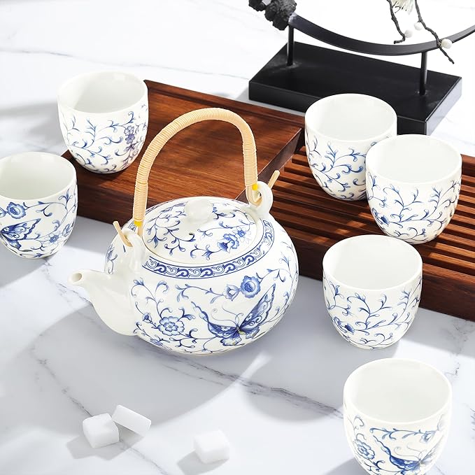 fanquare Chinese Blue and White Porcelain Tea Set with 1 Teapot Set, 6 Tea Cups, Butterfly Pattern Asian Japanese Tea Sets for Adults - Bloomnest