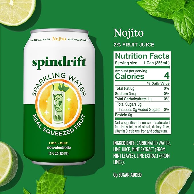 Spindrift Sparkling Water, Nojito Flavored, Made with Real Squeezed Fruit, 12 Fl Oz Cans, Pack of 24 (Only 4 Calories per Can) - Bloomnest