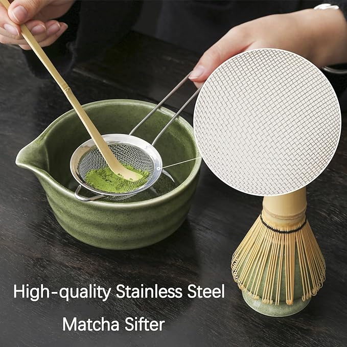 Matcha Set, Matcha Bowl with Spout, Matcha Whisk and Holder, Bamboo matcha Scoop and Stainless Sifter - 5 Pcs Jade Green Matcha Set Kit for Matcha Lover - Bloomnest