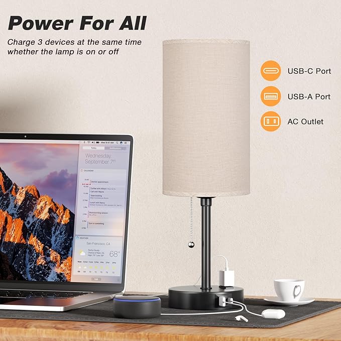 Dicoool 17Inch Tall Bedroom Lamps with USB C and A Ports 3 Color Temperatures - Pull Chain Beige Nightstand Bedside Table Lamp with AC Outlet, Side Lamp for Living Room End Table - Bloomnest
