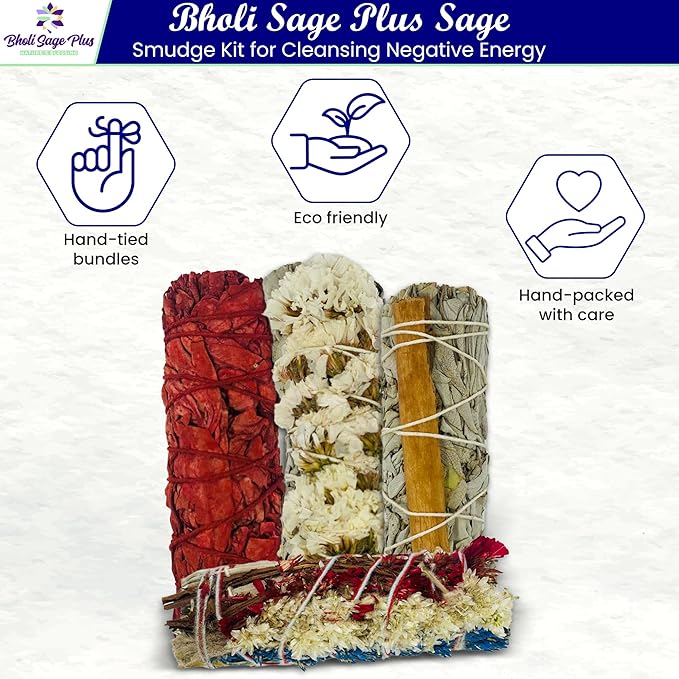Sage Smudge Kit for Cleansing Negative Energy and Cleansing Home Sinuata, Dragon Blood, Cinnamon and Triple Flower Dried - 4'' Long Pack of 4 White California Sage Sticks - Bloomnest