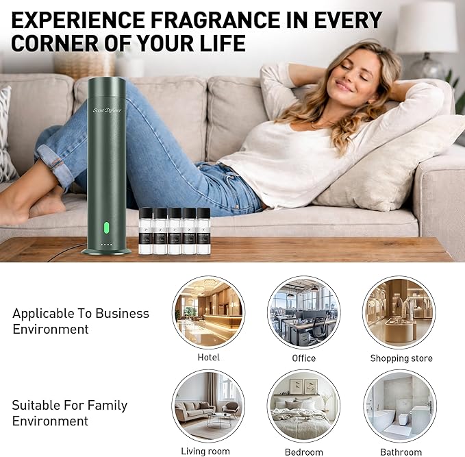Waterless Scent Diffuser Starter Kit - 1000 Sq Ft Coverage, Hotel Scent Diffuser, Essential Oil Diffuser Large Room, Included 5 Scent Oils, Remote Control, SandGreen - Bloomnest