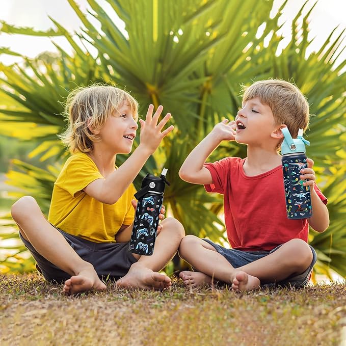 18oz Kids Insulated Water Bottle with Straw Lid - 18/8 Stainless Steel Kid Cup Travel Tumbler Double Wall Vacuum Leak Proof Portable Toddler Water Bottle (Game + Dinosaur) - Bloomnest