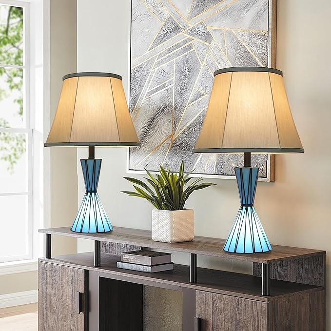 Blue Glass Table Lamps Set of 2 for Living Room 3-Way Dimmable Bedside Desk Lamps with 13 inches White Shade for Living Room Home Office - 2 LED Bulbs Included - Bloomnest