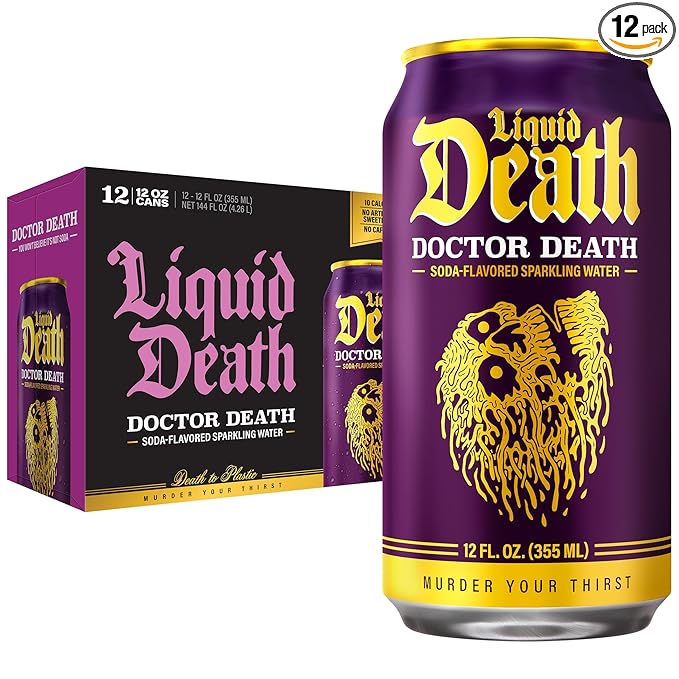 Liquid Death Soda-Flavored Sparkling Water - Doctor Death (Cherry, Cream, Spice), Less Sugar*, Huge Flavor, No Caffeine, No Artificial Sweeteners, 12 Fl Oz (Pack of 12) - Bloomnest