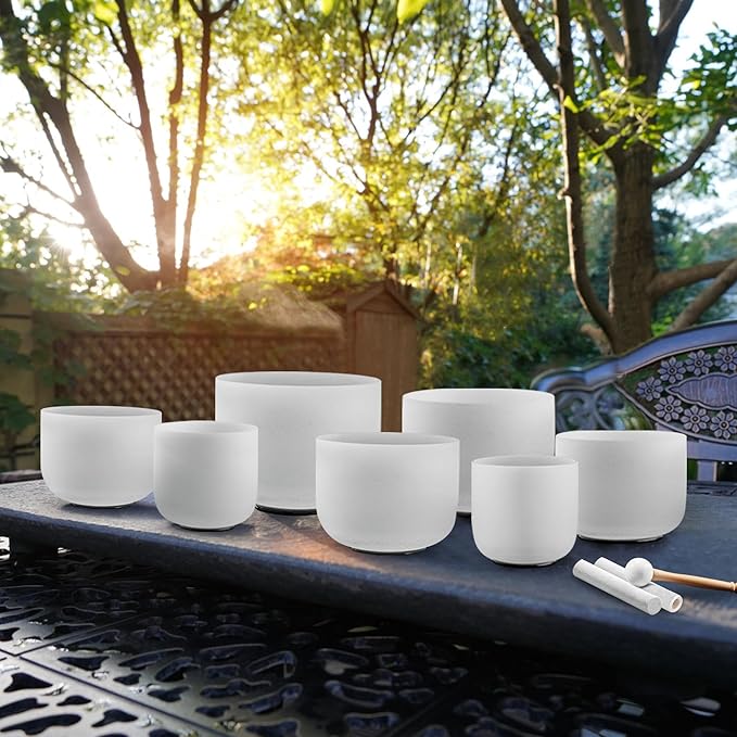 RYAN DVAN 432Hz 7-12 inch Crystal Singing Bowl Set of 7 with Free Carrying Case, Frosted Quartz Sound Bowls for Chakra Healing, Meditation,Yoga,Sound Therapy,Mindfulness,Relaxation & Stress Relief - Bloomnest