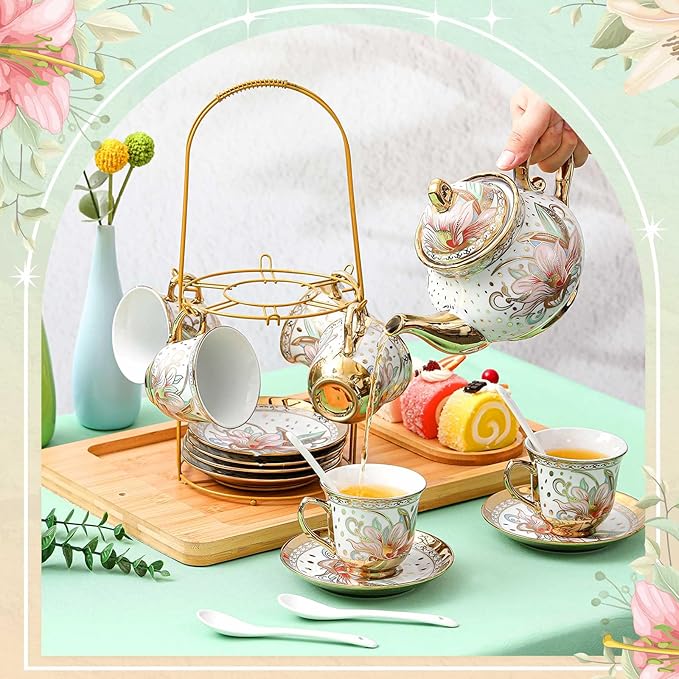 Zhehao 20 Pcs Porcelain Tea Set with Metal Holder and Spoon Adult Ceramic Tea Set European Flower Painting Teapot Cup Saucer Spoon for Women, Large Version(Traditional Style) - Bloomnest