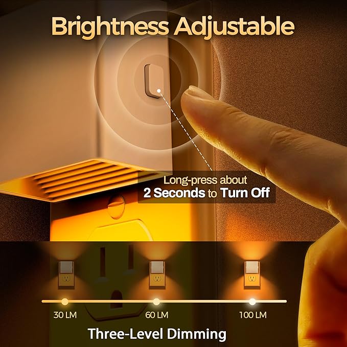 DORESshop LED Night Lights Plug into Wall [2 Pack], Plug in Nightlight, 3 Level Brightness Adjustable Night Light, Dusk to Dawn Sensor, Nightlights for Adults, Bedroom, Bathroom, Hallway, Amber - Bloomnest