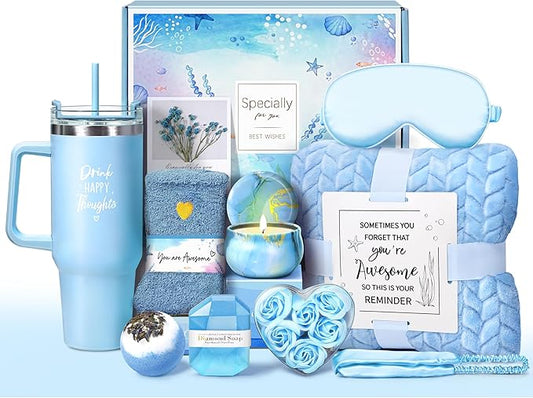 Birthday Gifts for Women, Self Care Get Well Soon Gifts, Ocean Relaxing Spa Gift Basket w/ Luxury Flannel Blanket & 40 oz Tumbler, Thinking of You Gifts, Christmas Gift for Mom Wife Sister Friend