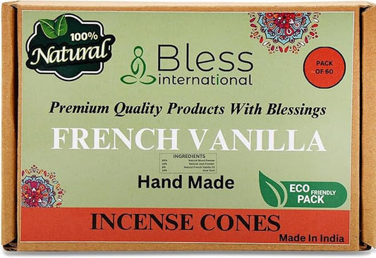 Bless International French-Vanilla 100%-Natural-Incense-Cones Handmade-Hand-Dipped Organic-Chemicals-Free for-Purification-Relaxation-Positivity-Yoga-Meditation The-Best-scents (60 Count)