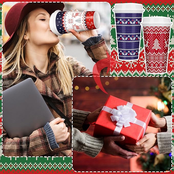 Pickmesh 12 Pack Christmas Coffee Cups Gifts Bulk 16 oz Reusable Coffee Cup Tumblers with Lid Plastic Cups Travel Mug Thank You Gifts for Women Coworkers Holiday Drinks - Bloomnest