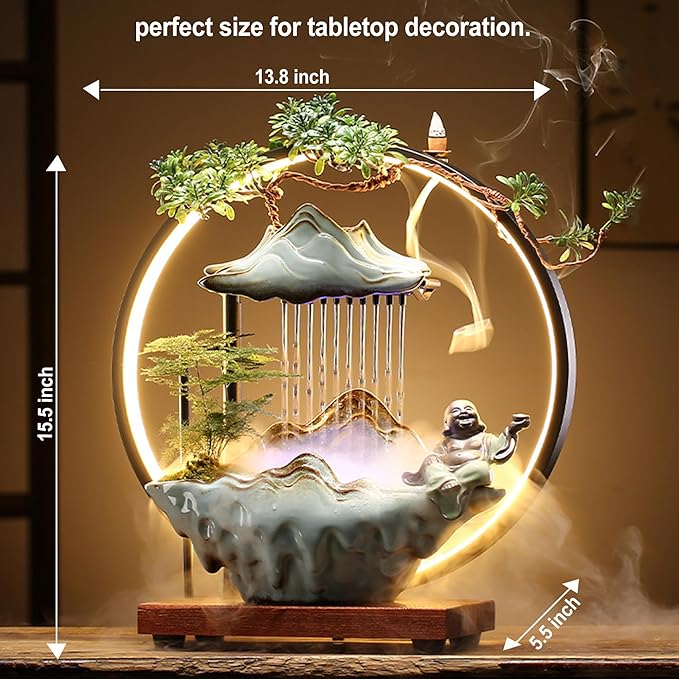 Buddha Tabletop Fountain Indoor Waterfall Fountain Office Tabletop Water Fountain with Lights Backflow Incense Burner Ceramic Indoor Zen Decor for Home Office Yoga Meditation (Buddha) - Bloomnest