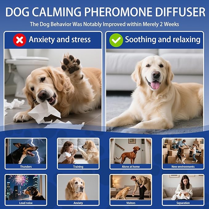 Dog Pheromone Calming Diffuser: Relaxing Pheromone Diffuser for Dogs Relief Stress Anxiety Fighting Scratching Barking, Dog Calming Pheromone Diffuser Kit with 1 Plug in Diffuser+2 Refill 48ml (3in1) - Bloomnest