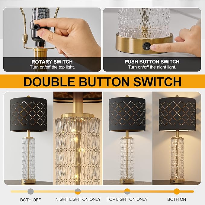 Oneach 27.75" Modern Table Lamps Set of 2, Gold Bedside Lamp with Crystal Nightlight, USB A+C, Black Grid Shade, Unique Desk Lamps for Living Room, Bedroom, Nightstand, End Table (2 Bulbs Included) - Bloomnest