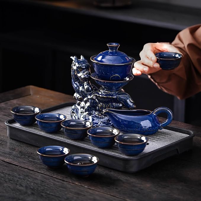 Semi Automatic Tea Set Ceramic Teapot with Infuser Magic Teapot with 8 cups (Dark Blue Dragon-B) - Bloomnest