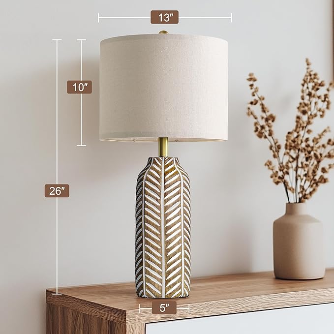 BOBOMOMO 26" Farmhouse Table Lamps Set of 2 - Vintage Leaf Design, Rustic Resin Nightstand Lamps for Bedroom, Living Room, Nursery, Hallway, Elegant Living Room Lamps with Linen Shades Antique Brown - Bloomnest
