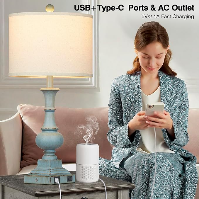 Farmhouse Table Lamps Set of 2, Rustic Touch Control Bedside Lamps with 2 USB Ports & AC Outlet, Vintage Resin 3-Way Dimmable Nightstand Lamp Linen Fabric Shade for Living Room Bedroom Decor Blue - Bloomnest