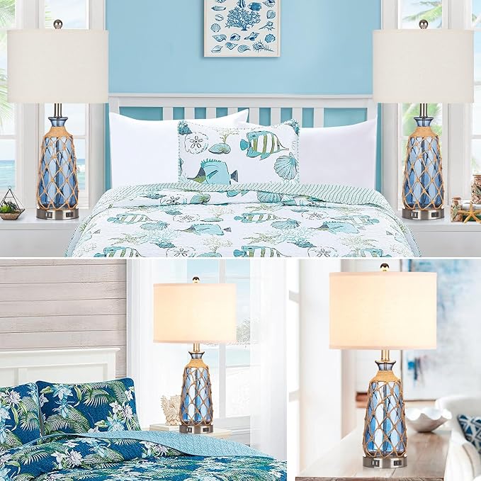 25.5" Coastal Glass Table Lamps Set of 2, 3-Way Dimmable Touch Control Bedside Lamps with 2 USB Ports and AC Outlet, Blue Nautical Nightstand Lamps for Bedroom Living Room (LED Bulbs Included) - Bloomnest