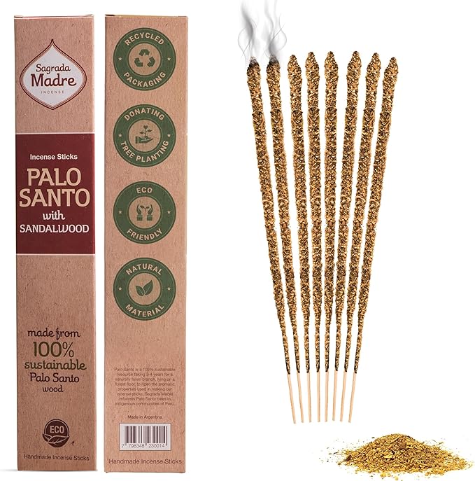 Sagrada Madre 8pcs Wildly Harvested Thick Palo Santo Incense Sticks (Sandalwood), 9” Long - Eco Friendly, Non-Toxic, Aromatic Incense Sticks (1hr Burning Time) to Heal & Calm Your Body and Environment SagradaMadre