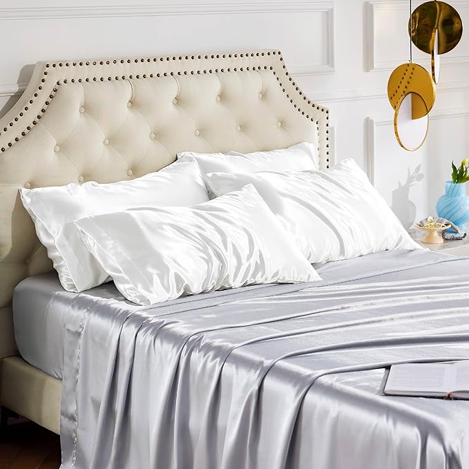 Bedsure Satin Pillowcase Standard Set of 4 - Pure White Silky Pillow Cases for Hair and Skin 20x26 Inches, Pillow Covers with Envelope Closure, Gifts for Women Men - Bloomnest