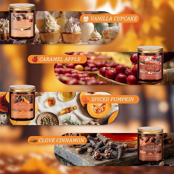 Fall Candles Set, 4 Pack Candles for Home Scented Natural Soy Wax, Autumn Gifts Set for Women Men, Fall Fragrance of Pumpkin/Cinnamon/Vanilla Cupcake/Apple - Bloomnest