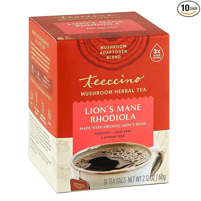 Teeccino Caffeine-Free Mushroom Adaptogenic Herbal Tea - Lion’s Mane Rhodiola Tea - Rose, 3x More Herbs than Regular Teas, Lightly Sweet from Dates & Figs, Chicory Prebiotic - 10 Tea Bags - Bloomnest