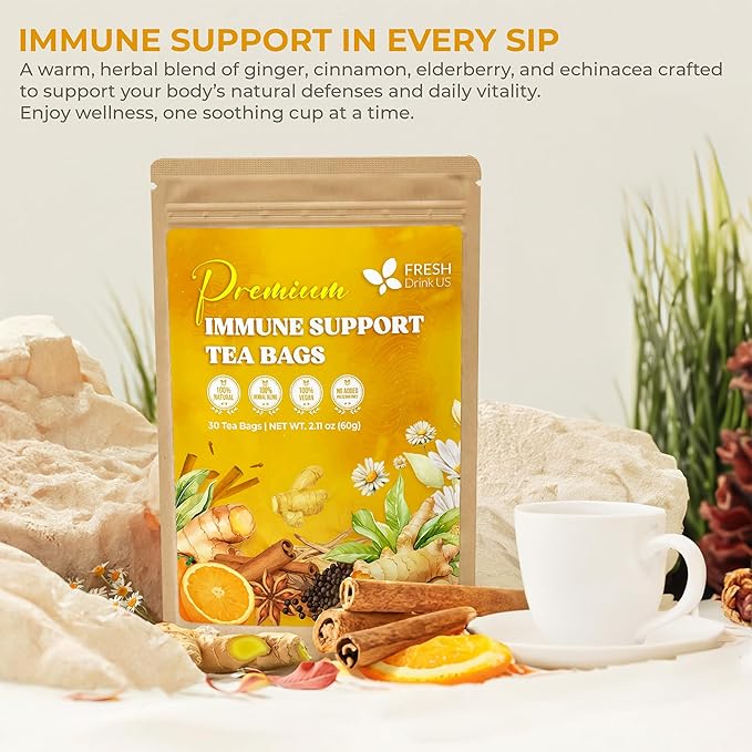 FreshDrinkUS, Premium 30 Tea Bags Immune Support Herbal Tea, Ginger, Cinnamon, Chamomile, Licorice Root, Black Pepper and Orange Peel – 100% Natural, Caffeine-Free, Vegan - Bloomnest