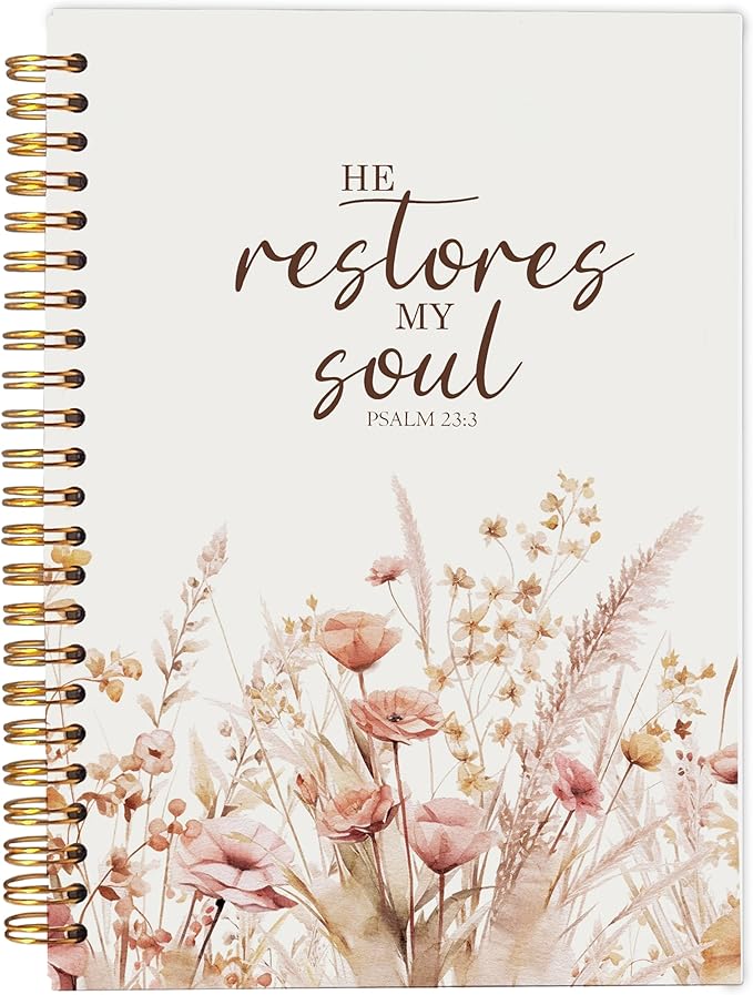 Christian Notebook for Women, Christian Art Gifts Journal, Prayer Journal for Women, Bible Journaling Notebook, PSALM 23:3 He Restores My Soul Floral Spiral Notebook 5.5x8.3 - Bloomnest