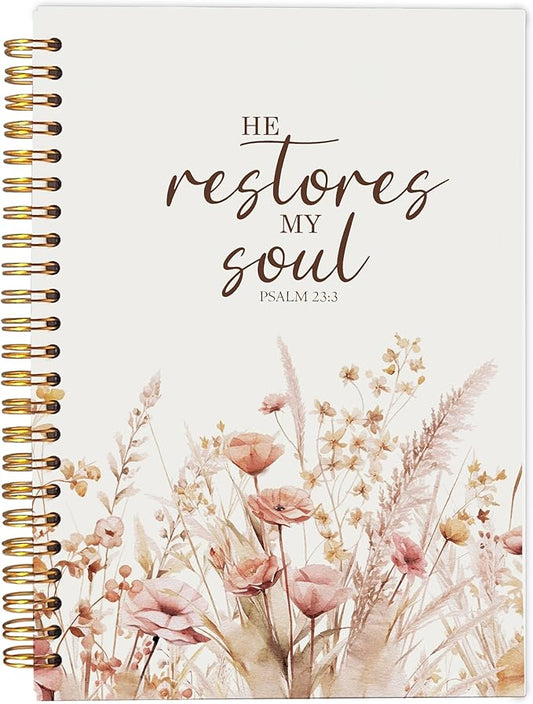 Christian Notebook for Women, Christian Art Gifts Journal, Prayer Journal for Women, Bible Journaling Notebook, PSALM 23:3 He Restores My Soul Floral Spiral Notebook 5.5x8.3 - Bloomnest