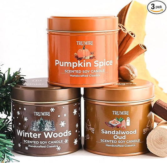 Winter Woods, Pumpkin Spice, Sandalwood Oud - Soy Candles Non Toxic - Highly Scented Long Lasting with Essential Oils - Variety Pack of 3 x 5oz - for Home Aromatherapy Meditation Gift Travel