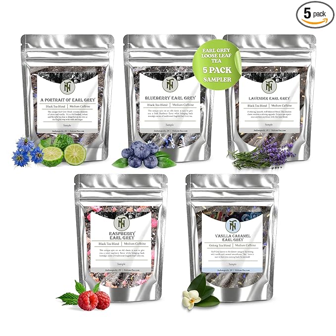 Nelson's Tea Earl Grey Sampler Pack Tea - Loose Leaf Tea Sampler - A Portrait of Earl Grey, Blueberry EarlGrey, Lavender EarlGrey, Raspberry Earl'Grey, Vanilla Caramel Earl'Grey - Sample Sizes - Bloomnest