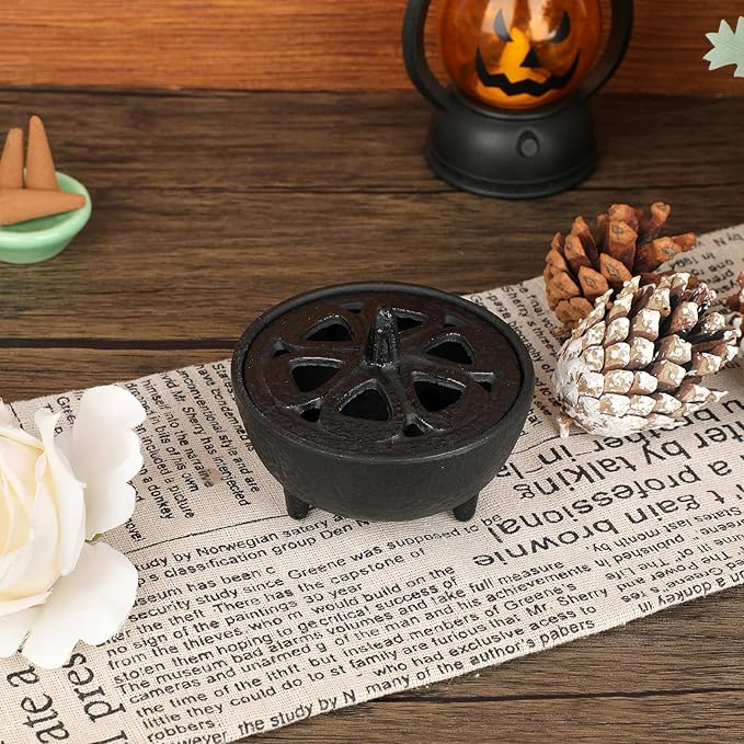 JUXYES Vintage Tripod Incense Burner Holder with Lid, Cast Iron Incense Holder Metal Cauldron Censer Antique Cone Coil Incense Burner Holder for Incense Resins, Charcoal, Cones or Wax Melts - Bloomnest