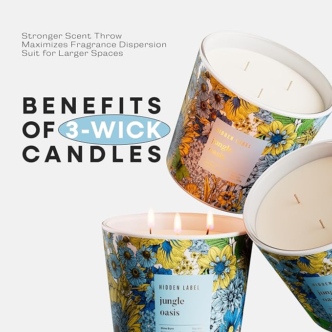 Hidden Label Jungle Oasis Scented Candle, 3 Wick Large Candles for Home, 30oz Natural Soy Candles for Home Scented,100 Hour Burn Time, Long Lasting Highly Scented Luxury Candle Gift - Bloomnest