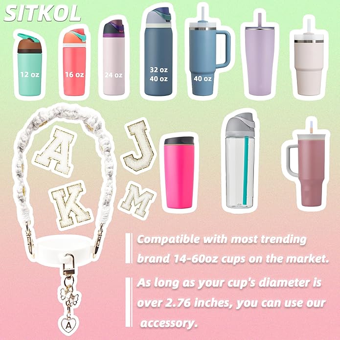 Compatible with Owala Water Bottle Accessories, Cute Letter Charm Set with Boho Handle Strap, Monogram Sticker, Silicone Ring, Keychain Decoration, for FreeSip 24 32 40oz, Owala Kids, Tumbler Gift SITKOL