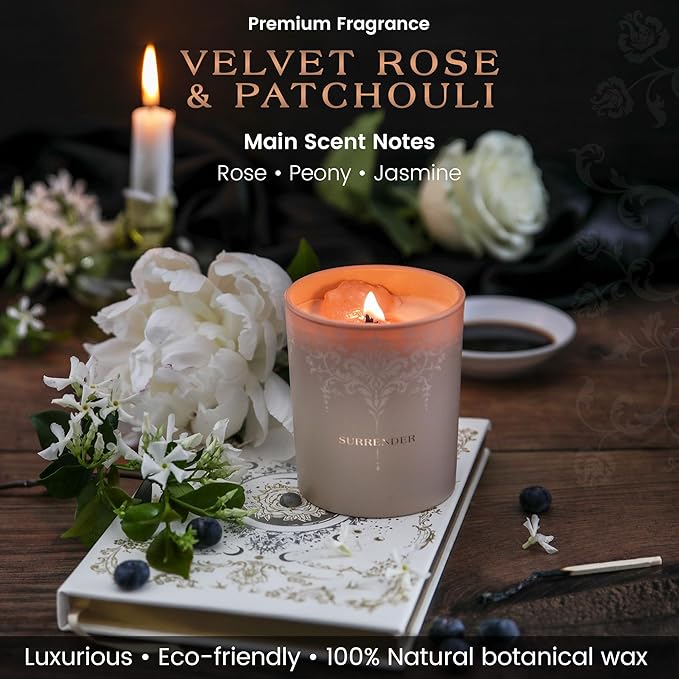 Luxury Crystal Candle for Women - Velvet Rose & Patchouli Scented Aromatherapy Candle - Manifestation Candle with Strawberry and Clear Quartz Crystals -7.4oz Natural Coconut, Soy Wax Wood Wick Candles - Bloomnest