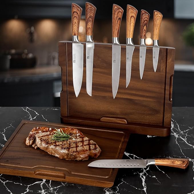 2-in-1 Wood Cutting Board with Magnetic Knife Holder - 16 x 11 Inch Rain Wood, Juice Grooves, Kitchen Organizer for Home Chefs - Bloomnest