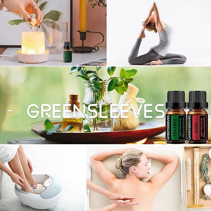 GREENSLEEVES Rose and Tea Tree Essential Oil Set, 2 x 10ml Pure Plant-Based Fragrance Oil for Aromatherapy, Essential Oils for Diffuser, Massage, Bath Bomb, Scented Candle Soap Making GREENSLEEVES