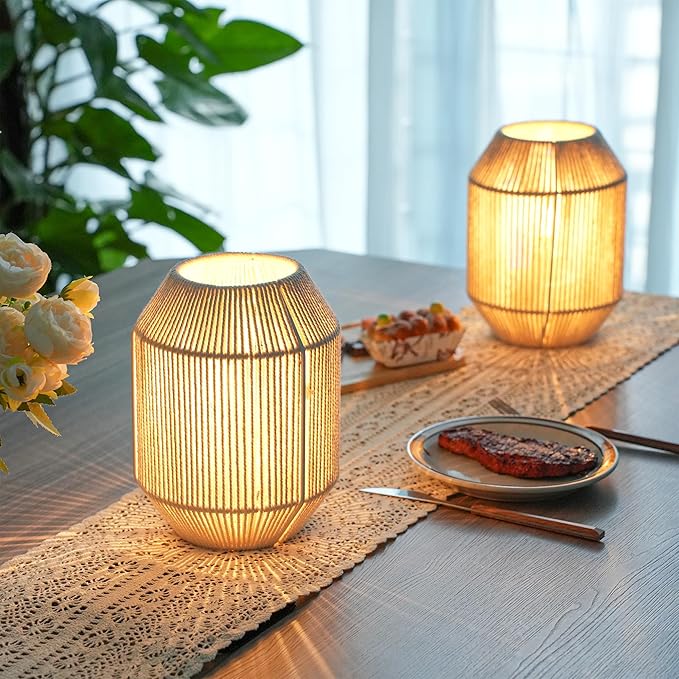 JHY DESIGN Set of 2 Woven Lampshade Table Lamps 8.5" H Cotton Rope Bedside ‌Light‌s Cordless Decorative Battery Operated Lamps with 6 Hours Timer for Bedroom Living Room Weddings Parties Patio - Bloomnest
