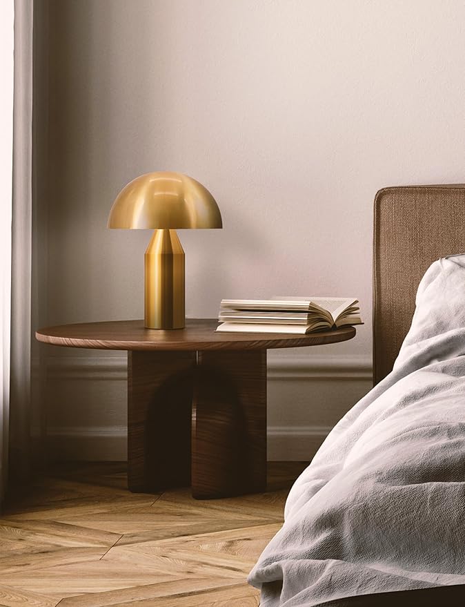 Brightech Venus Mushroom Table Lamp - Modern Lamp for Living Room, Bedroom Side/End Table - Dimmable, Unique Side Table LED Lamp Shade for Office, Reading - Brass/Gold, 14" Tall - Bloomnest