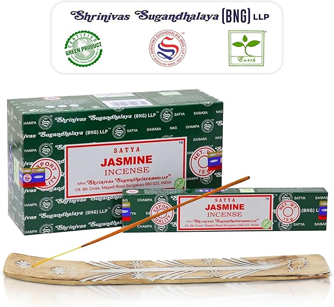 Satya Jasmine & Nagchampa Incense Sticks - 15gmx12 Pack with Raajsee Incense Holder - Bloomnest