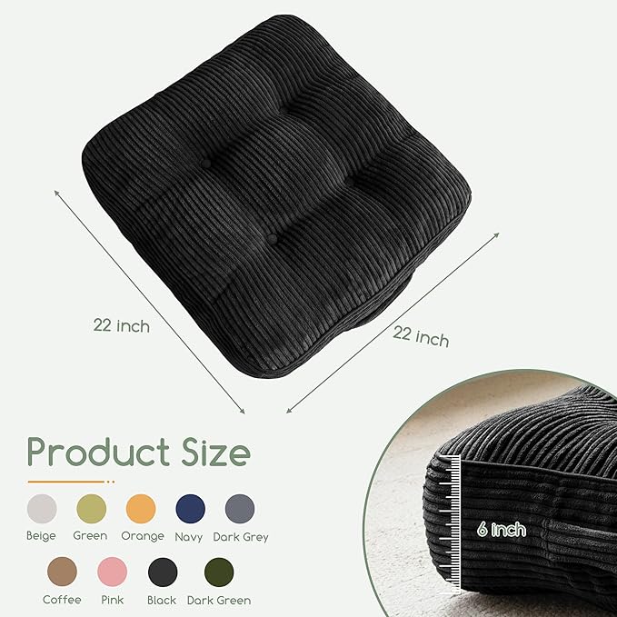 6" Washable Floor Pillow Cushion for Adults, Meditation Cushion Pillow, Large Square Floor Sitting, Removable Tufted Corduroy Cover, for Tatami Living Room or Yoga, 22x22 Inch, 2Pack, Machine Washable - Bloomnest