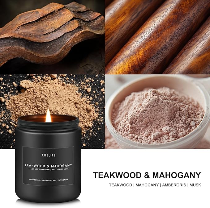 Teakwood & Mahogany Candle | Masculine Candles for Men, Gifts for Men - Soy Candle for Home Scented - Scented Candles for Home, Aromatherapy Gifts Long Lasting Burn Time - 7oz Black Jar - Bloomnest