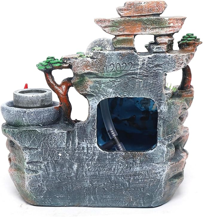 Tabletop Fountain Decorations,Tabletop Fountain Indoor Humidifier with Rockery Mountain Waterfalls,Plant,LED Light,Rockery Crafts Gift Fountain for Home Office Bedroom Desk Ornaments,US Stock