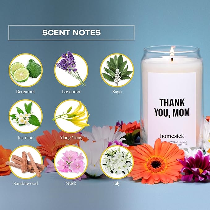 Homesick Scented Candles for Home (Thank You, Mom) - 13.75 oz Long-Lasting Soy Wax Blend Jar Candle Gifts for Women for All Occasions, 60-80 Hours Burn Time - Notes of Bergamot, Lavender & Sage - Bloomnest