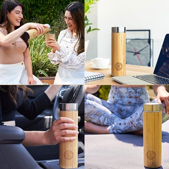 LeafLife Premium Bamboo Tea Bottle for Loose Tea - Tea Infuser Bottle - Tea Gifts - Insulated Water Bottle/Coffee Tumbler/Tea - Tea Gift Set, Tea Accessories - Tea Tumbler 12oz