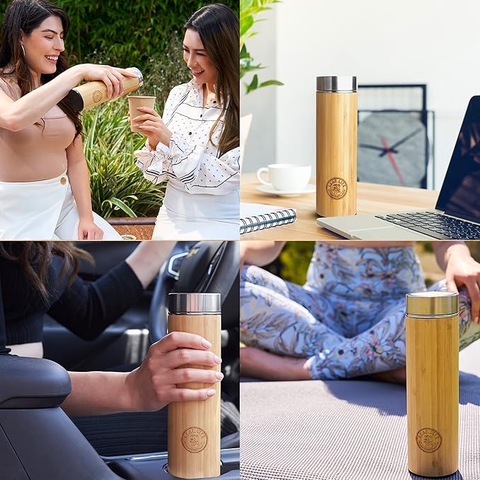 LeafLife Premium Bamboo Tea Bottle for Loose Tea - Tea Infuser Bottle - Tea Gifts - Insulated Water Bottle/Coffee Tumbler/Tea - Tea Gift Set, Tea Accessories - Tea Tumbler 12oz - Bloomnest