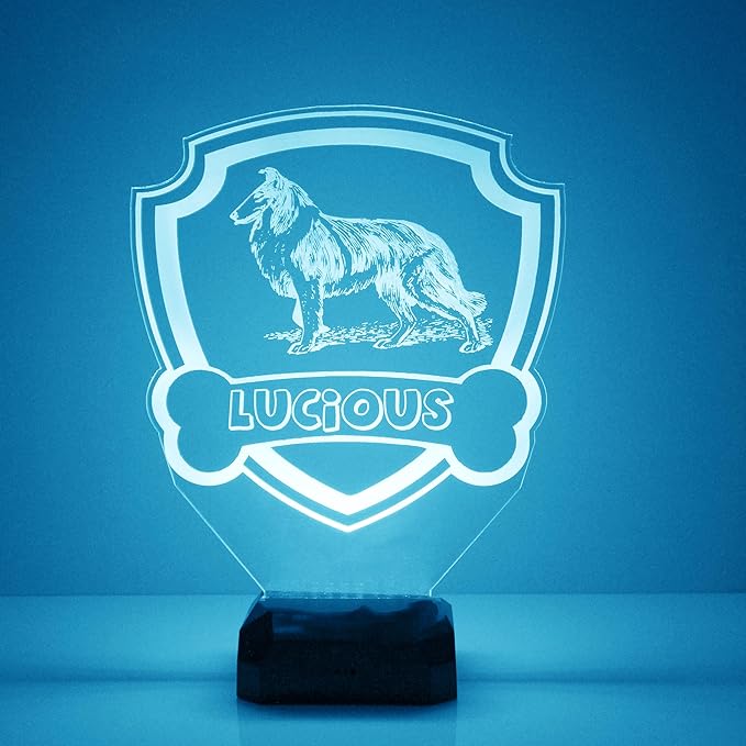 Custom Dog LED Sign Night Light Lamp with Remote, Light Up Display with Personalized Name or Image, Customized, Made in The USA, Clear Acrylic Home Decor, 16 Colors, 4 Modes (Collie Shield) - Bloomnest