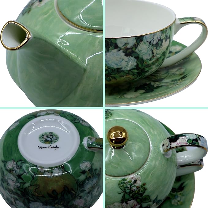Porcelain 13 OZ Tea for One Teapot and Cup Set Vintage Floral Ceramic Tea Set European Style Tea pot and Saucer Set (White Roses) - Bloomnest