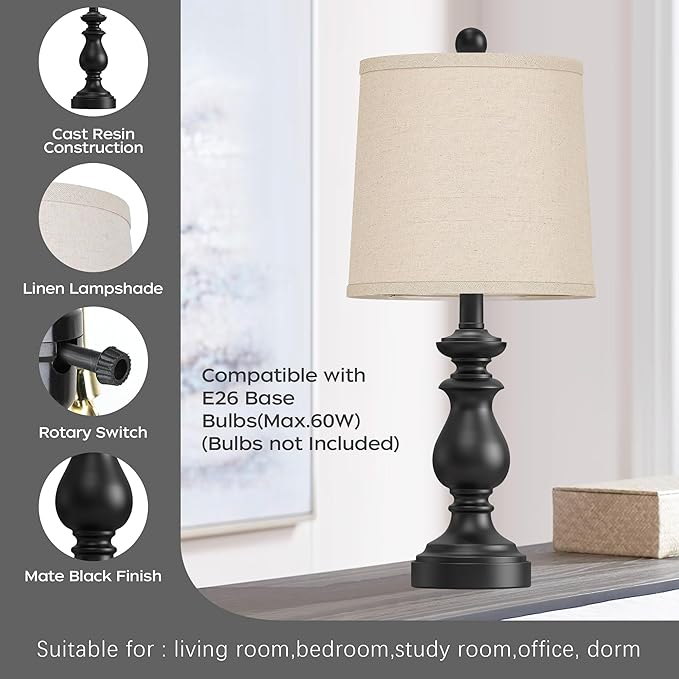 PARTPHONER Traditional Table Lamp Set of 2, Rustic Farmhouse Table Lamps for Living Room Bedroom, 22" Bedside Desk Lamps Vintage Nightstand Lamps with Linen Shades, Black - Bloomnest
